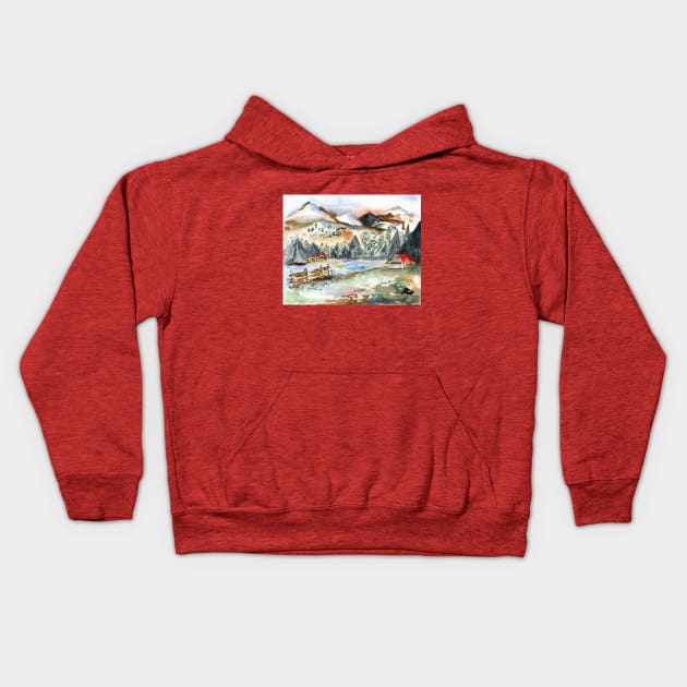 Mountain landscape watercolor painting Kids Hoodie by Flowersforbear